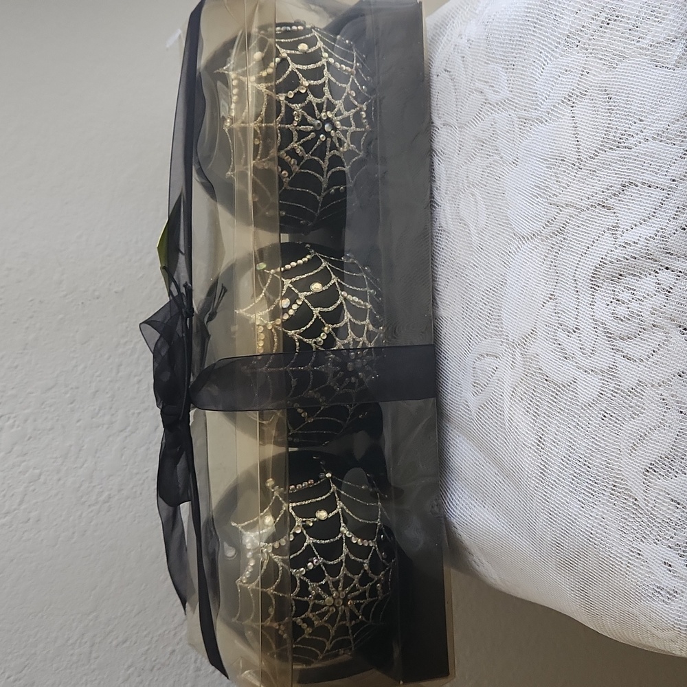 Set of 3 Tealight Holders Black with Bling Spider Web Design  NIP